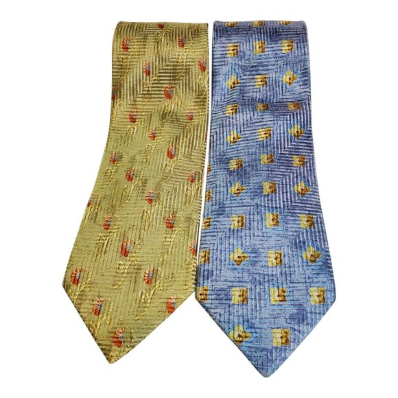 Ermenegildo Zegna 2 Luxury Silk Ties Elegant Floral &Geometric Pattern Blue Gold - Picture 1 of 9